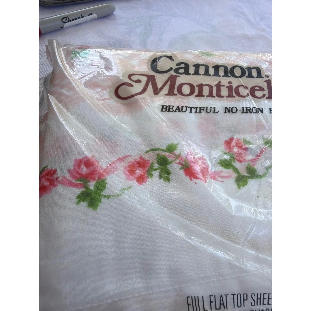 Vintage Cannon Monticello Full Flat Sheet Pink Gingham Rose Floral Border USA